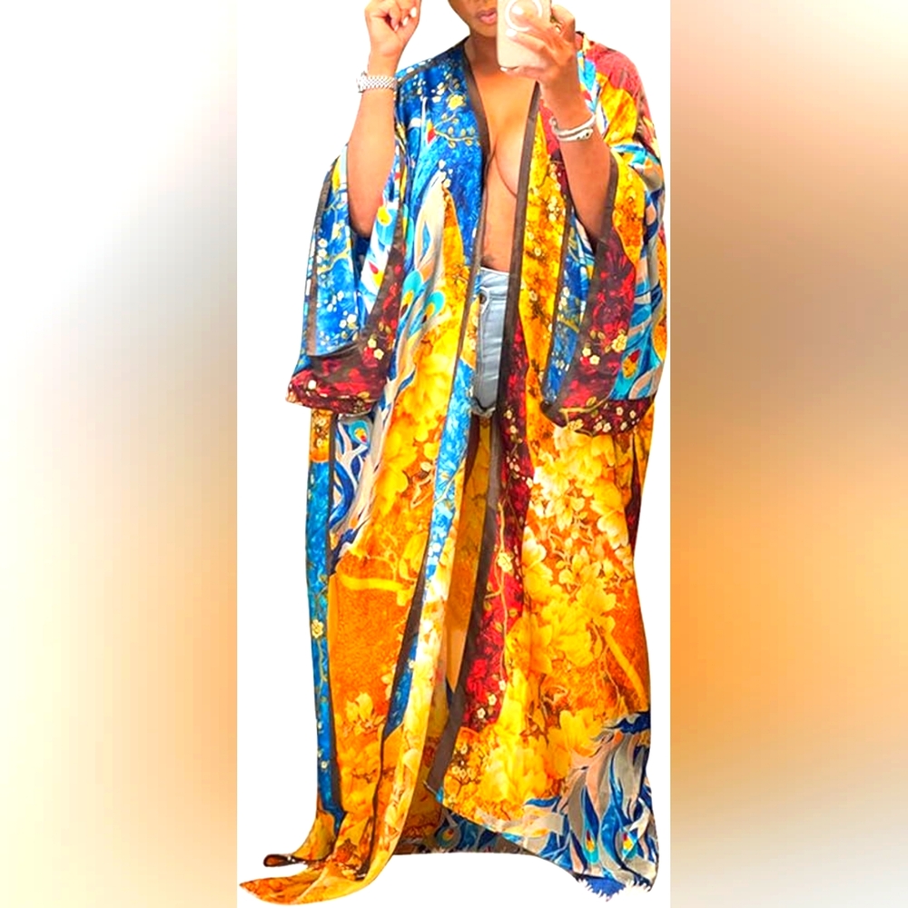 Exotic Vibrant Multicolor Kimono Maxi Robe Dress Duster